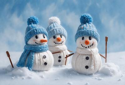 The primary subject of the image is a group of three snowmen standing in the snow. They are wearing blue hats and have smiles on their faces. The setting is a snowy landscape, and the visual style appears to be a combination of photo and digital art. The colors and mood of the image are predominantly white and cold, reflecting the winter season and the snowy environment.